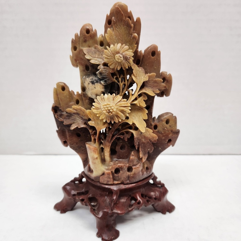 Vintage Chinese Carved Soapstone Brown Beige tan Floral Rock Sculpture Flawed 7"